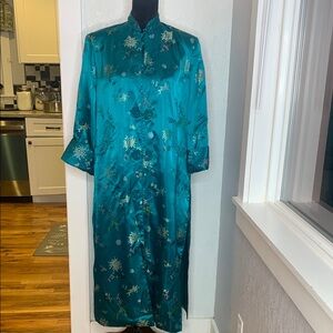 Chinese Elegant Teal Floral satin Dress robe kimono side slits pockets midi